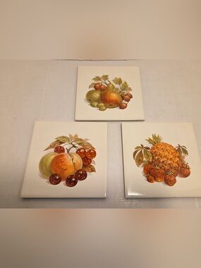 Set Of 3 Vintage Fruit Ceramic Tiles Wall Hangings Decorations 6''x6'' Kitchen